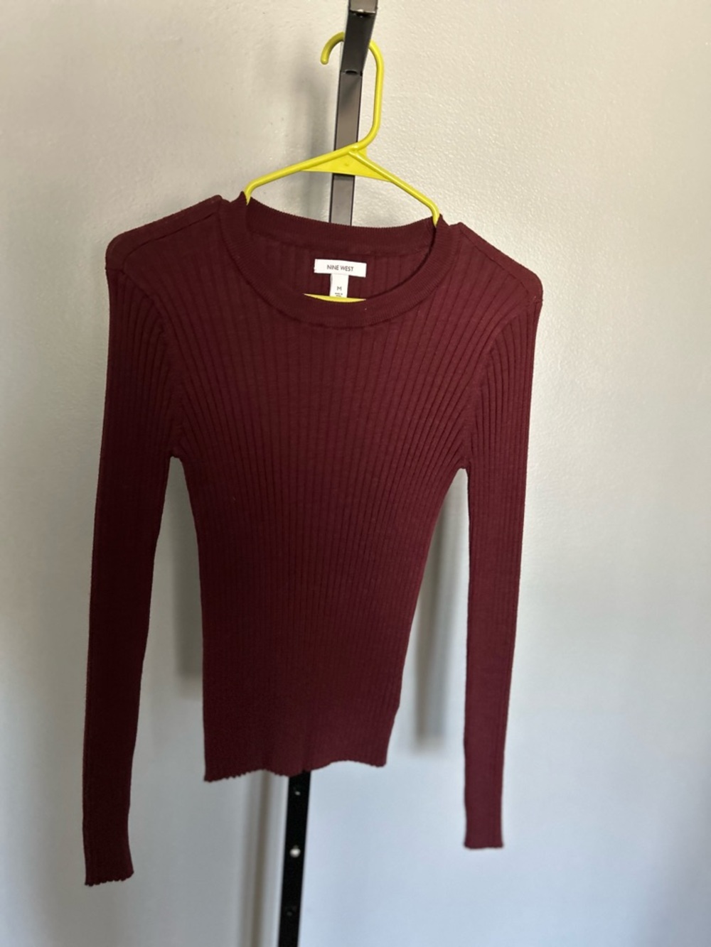 Nine West Burgundy Ribbed Long-Sleeve Crewneck Top